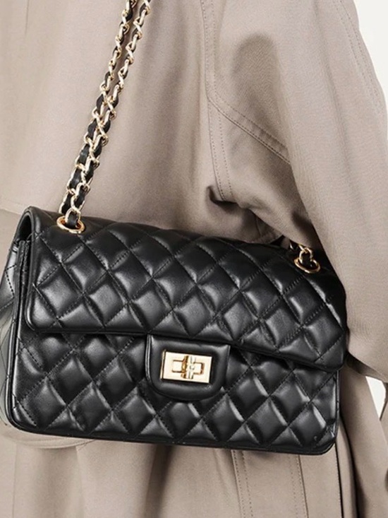 Maison Vincent Handbags - Designer-Inspired Quilted Black Italian Leather Flap -Gold Chain Shoulder Bag